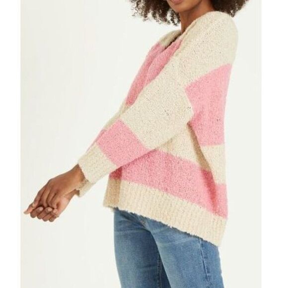 NWT DEAR JOHN V-Neck Relaxed Sweater Pink Tan Striped Size XL - Picture 2 of 3